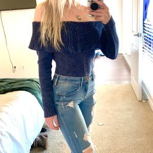 Blue off the shoulder knit sweater
